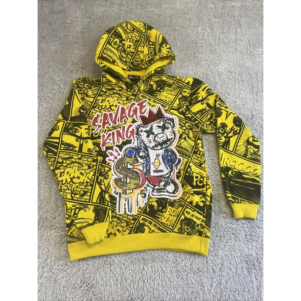 One Color One Nation Savage King Comic Hoodie Youth large 14-16 Yellow Black Y2K